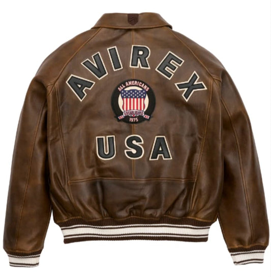 Brown-Men's Avirex Real Leather Bomber Jacket – Vintage American Flight Pilot Jacket