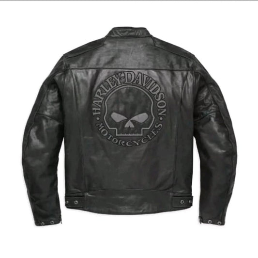 Harley-Davidson Willie G Skull Reflective Leather Jacket – Men’s Black Riding Jacket with Reflective Skull Logo