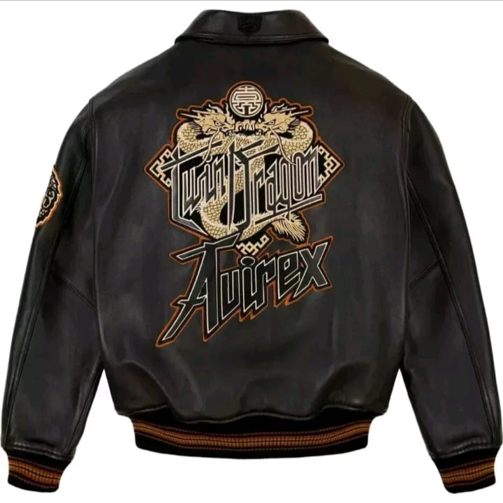 Avirex Twin Dragon Brown Leather Bomber Jacket – Men’s Vintage A-2 Military Flight Jacket