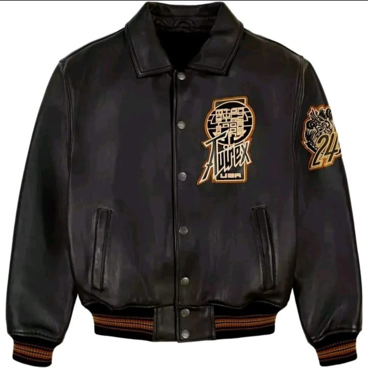 Avirex Twin Dragon Brown Leather Bomber Jacket – Men’s Vintage A-2 Military Flight Jacket